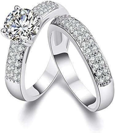 Haokan Women Fashion Jewelry Gold Plated Platinum Cubic Zirconia Wedding Engagement Double Rings Set (platinum-plated-base, 7)