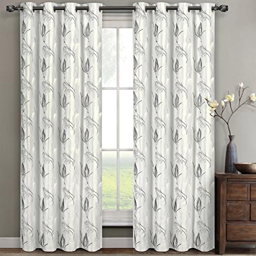 Pair of Two Embroidered Lined Top Gromment Curtain Panels, Rich Embroidery Floral Pattern, Elegant and Contemporary Olivia Panels, White, Set of Two 52" by 96" Panels (104" by 96" Pair)