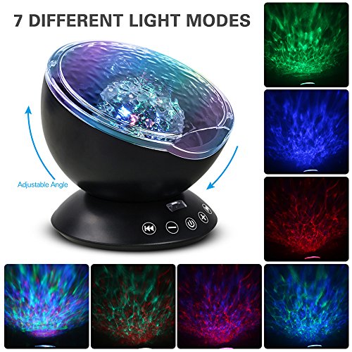 Ocean Wave Night Light, Komake Baby Night Light Projection USB Timer Bedroom Nursery Projector With Mini Music Player, Remote Control Rotating Goodnight Light For Toddler Kids Children Adults(Black)