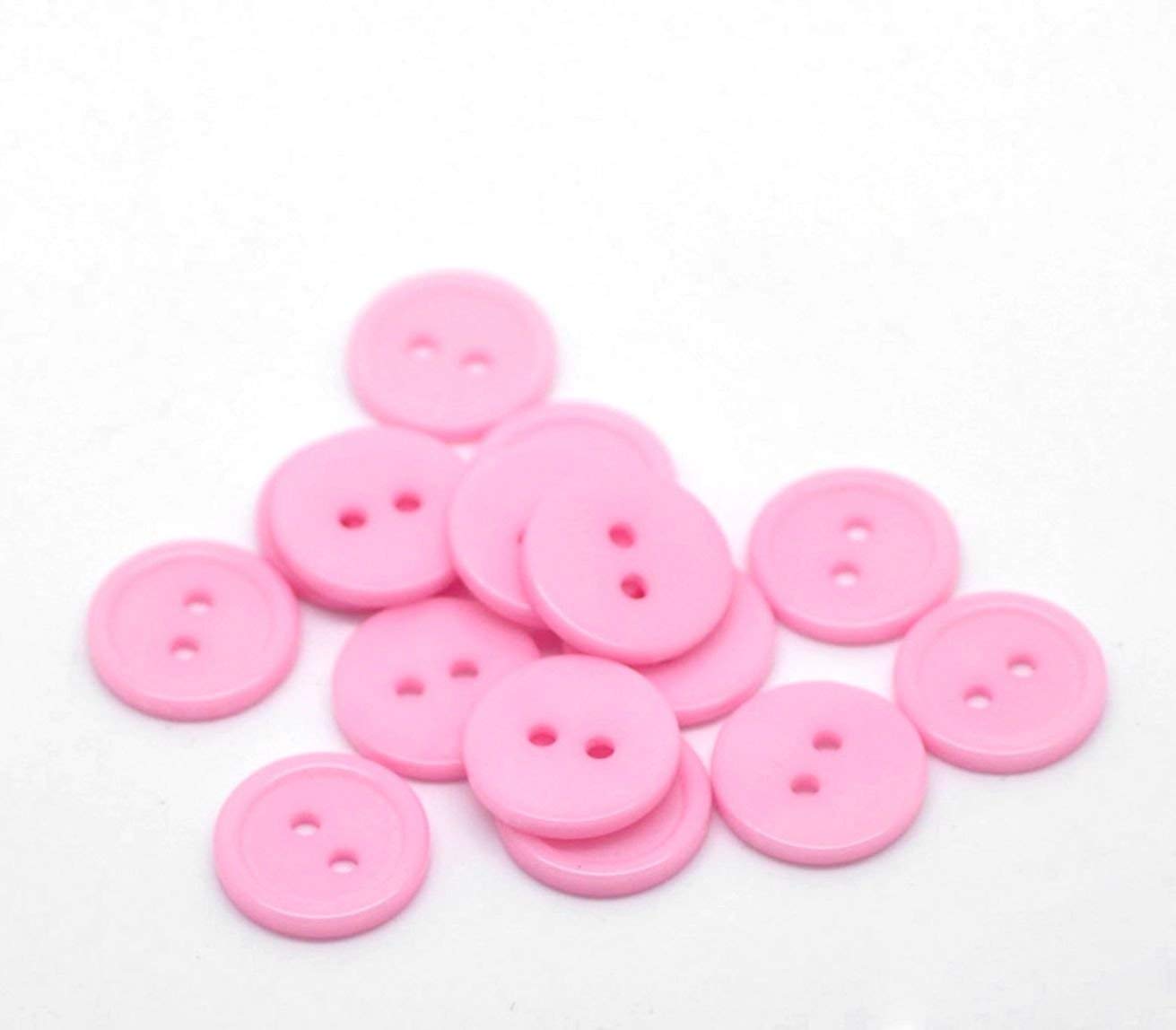 200 x Pink Round Ridge 15mm Resin Buttons with 2 Sewing Holes. for Clothes Kniting and General Arts and Crafts. (Pink, 15mm)