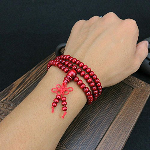 Wooden Prayer Beads Bracelets,Hemlock Women Girls 108 Natural Sandalwood Beads Chain Bracelets Bangle (Red)