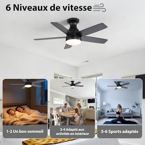 OZENAOS Ceiling Fan with Light, 112 cm (44 Inches), Silent DC Motor, Remote Control, 6 Speed, Timer, 3 Colours of Dimmable, Black, for Living Room, Bedroom
