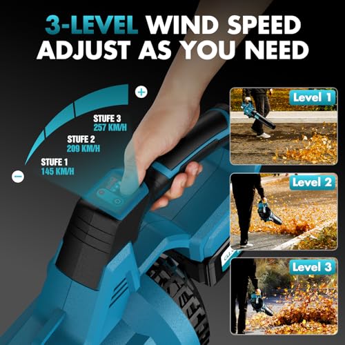 Leaf Blower Cordless, 8000mAh Battery with Fast Charger, Lightweight Electric Garden Blowers with Turbo Boost, 257 km/h & 3 Speed Levels for Lawn Care,Yard,Garage,Leaves,Snow,Dust,and Debris Removal