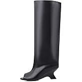 FancyQueen Open Toe Knee High Boots, Slouchy Pull On Peep Toe Dress Boots for Women