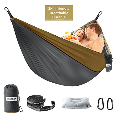 HODGSON Camping Hammock Single & Double Hammock with Heavy Duty 14 Loops Hammock Tree Straps & Air Pillow, Portable Parachute Nylon Hammock for Backpacking, Travel, 118” x 78” (Khaki)