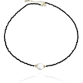 Kakikaki Freshwater Cultured Coin Pearl Charm Black Spinel Beaded Strand Necklace for Women
