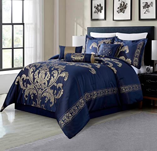 Chezmoi Collection Royale 7-Piece Jacquard Floral Comforter Set, Oversized King, Navy/Gold