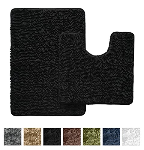 Gorilla Grip Original Shaggy Chenille Bathroom 2 Piece Rug Set Includes Mat Contoured for Toilet and 30 x 20 Carpet Rugs, Machine Wash/Dry, Perfect Plush Mats for Tub, Shower, and Bath Room (Black)