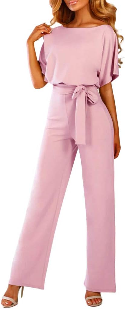 HCFKJ Ladies Jumpsuits for Women Rompers JumpsuitShort Sleeve Playsuit Clubwear Straight Leg with Belt