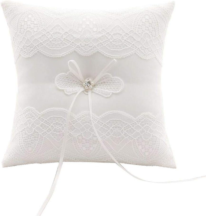 XYJIE Ivory Satin and Lace Pearl Wedding Ring Bearer Pillow Cushion Embroider Flower Lace with Bow, 20cmx 20cm Ring Bearer for Beach Wedding