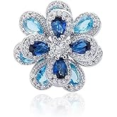 Izpack Exquisite Camellia Flower Open Statement Ring Cubic Zirconia Blue Crystal Blossom Adjustable Stacking Rings Wedding Promise Eternity Finger Bands Delicate Jewelry Gifts for Women Bridal