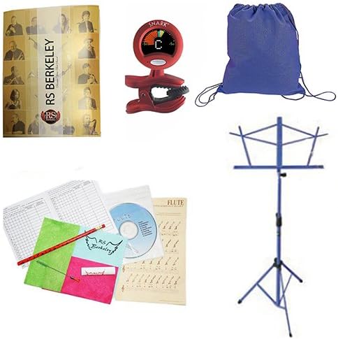 Back to School Flute Accessory Pack - Includes: Drawstring Backpack, Flute Care Cleaning &amp; Maintenance Kit, Band Folder, Flute Tuner/Metronome, &amp; Music Stand