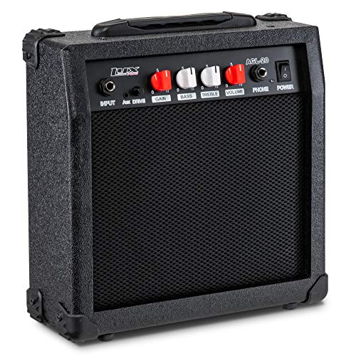 LyxPro Electric Guitar Amp 20 Watt Amplifier Built In Speaker Headphone Jack And Aux Input Includes Gain Bass Treble Volume And Grind