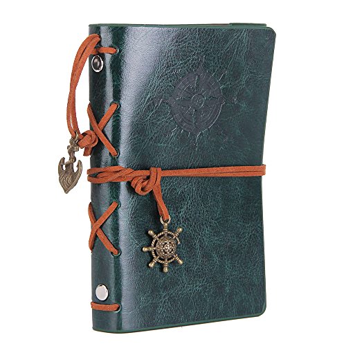 Leather Writing Journal Notebook, EvZ 5 Inches Vintage Nautical Spiral Blank String Diary Notepad Sketchbook Travel to Write in, Unlined Paper, Retro Pendants, Classic Embossed, Retro Green
