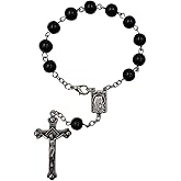 Treasure4U-Store One Decade Auto Rosary for Rearview Mirror Black Pearl Glass Beads Catholic Bracelet Our Lady of Lourdes Centerpiece Religious Gift Car Truck Travel Protection