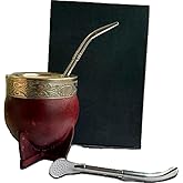 Mate Imperial Argentino Kit Mate, With Straw Tea Gourd Mug One Bombilla (Straw), Wrapped Handmade Leather, Includes Premium Packaging box (brown)