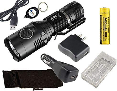 BUNDLE: Nitecore MH20 240 Yards Beam Distance Waterproof CREE XM-L2 LED 1000 Lumens USB Rechargeable Flashlight w/ 1x Nitecore 18650 3400mAh li-ion, 1x Wall USB charger Plug, 1x USB Car Charger Plug, 1x Battery case, and Lightjunction Keychain light