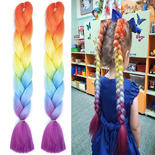 2Pcs/lot Girl Jumbo Braids Long Fishtail Ponytail Rainbow Tone Ombre Kanekalon Hair Extension Synthetic Fiber Twist Braiding Hair