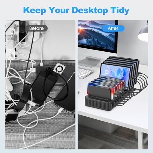 HISUEKIG USB Charging Dock, 10 Ports 15 W Charging Station with 10 Cables, Phone Charger Stand, Portable Phone Charging Station (Black)