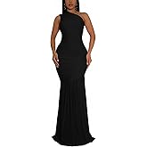 AIIYYQB Women's Sexy One Shoulder Sleeves Bodycon Ruched Long Elegant Formal Wedding Guest Evening Dresses