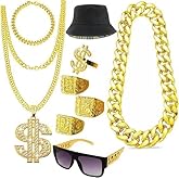 Domchan Hip Hop Theme Accessories Kit - Retro Chains with Coin Design, Punk Style Glasses Dollar Ring 80s 90s Rapper Fashion