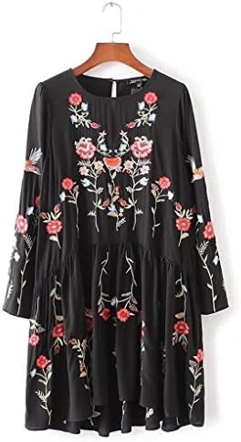 HUIJSNQ 2017 Fashion Women Vintage Flower embroidery Loose Dress Casual Long sleeve Black Dresses Vestido as picL