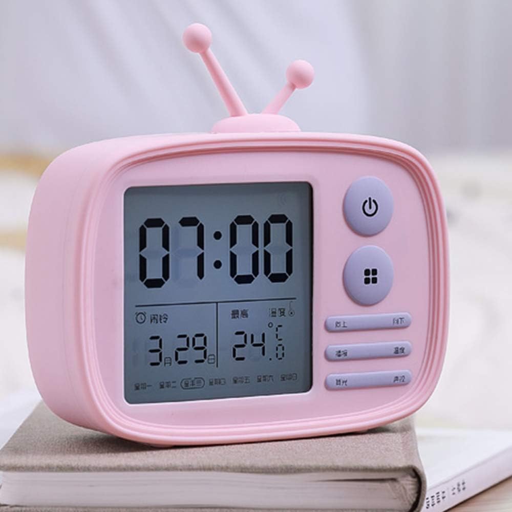 Paraclement USB Charging Digital Alarm Clock, Temperature Display, Cartoon TV Shape, Children's Gifts, Pink