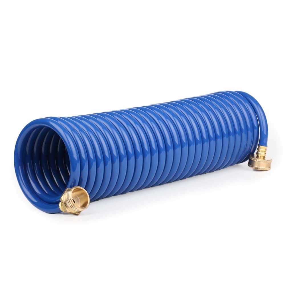 Photo 1 of FangFarm Heavy-Duty EVA Coil Garden Hose with GHT Solid Brass Fittings, Water Hose with Brass Connectors, for Garden Lawn Watering, Car Washing (25FT, Blue)