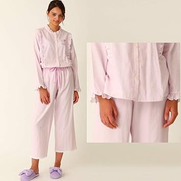 Amazon Co Jp パジャマ ルームウェア ガーゼフリルレース ストライプ 3色から選択 パープル ネイビー グレー M パープル ホーム キッチン