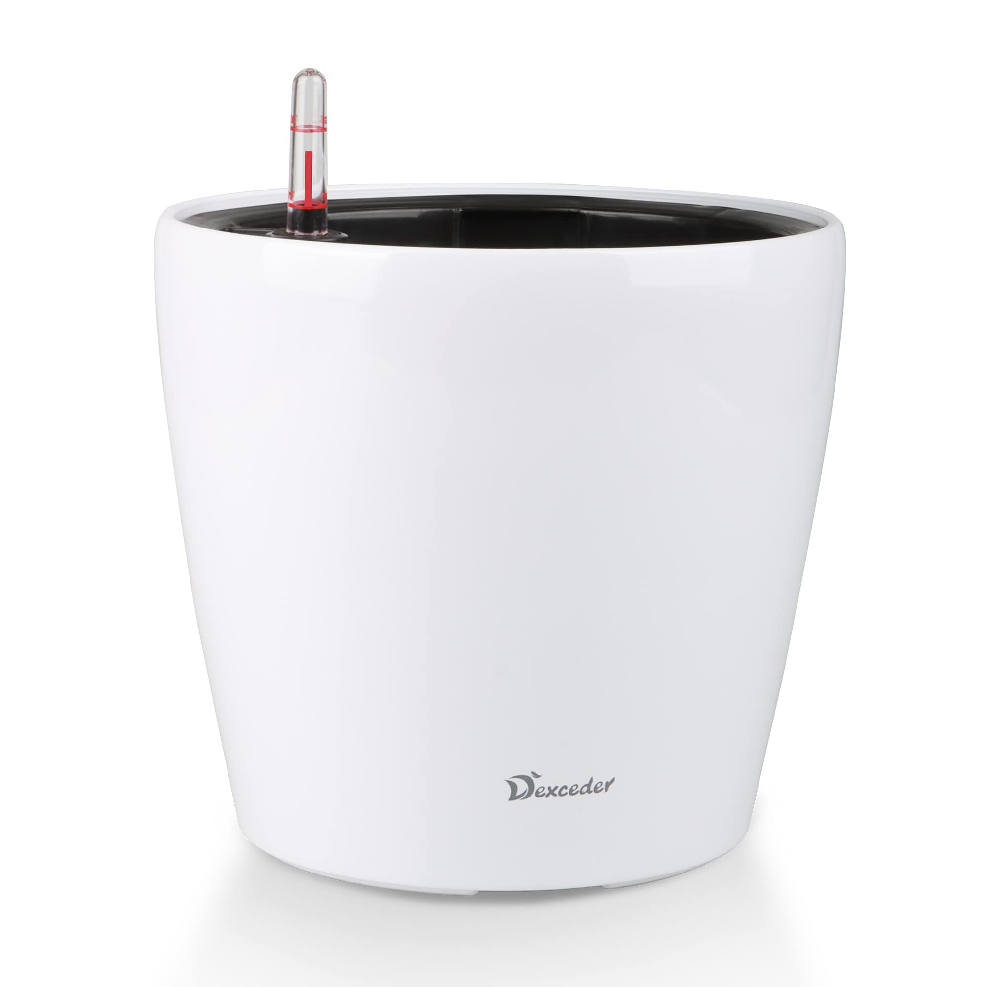 Photo 1 of Dexceder 9x8 Inches High Gloss Self Watering Planter Indoor Outdoor, Inner Pot Design, Thickened Table Flower Plant Pot with Water Level Indicator (White)