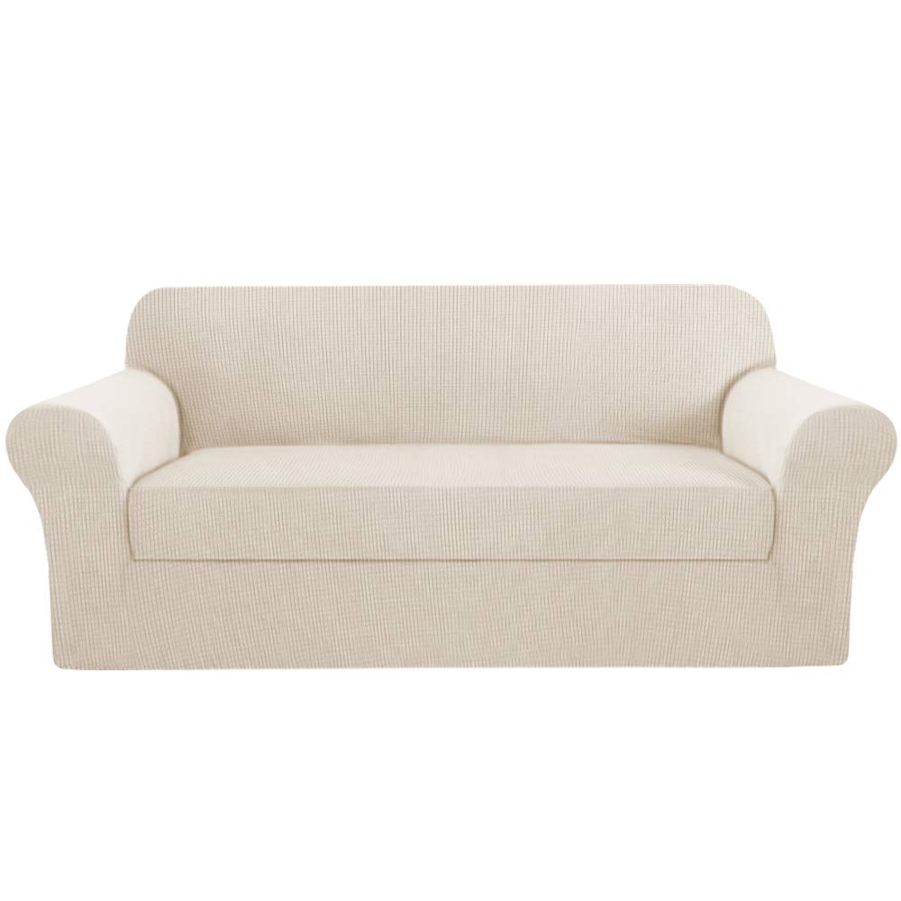 Photo 1 of H.VERSAILTEX 2 Separate Pieces Stretch Couch Covers Sofa Cover Suit for T Cushion/Box Cushion High Spandex Jacquard Soft Couch Covers for 3 Cushion Couch, Sofa 72"-88" (Sofa, Ivory)