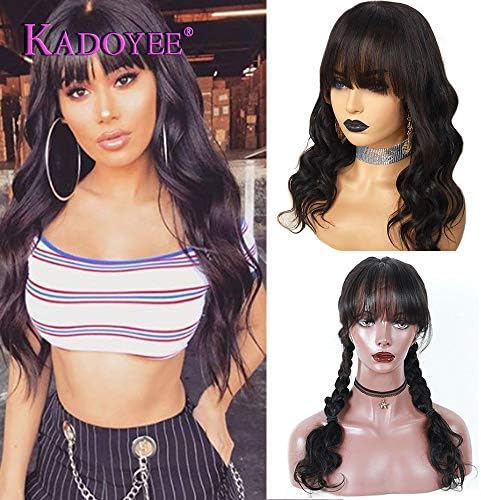 Kadoyee 8a Brazilian Body Wave with bangs 13x4 Lace Front Wigs for Black Women 130% Density Virgin Human Hair Wig Natural with Baby Hair(Natural black 14 inch)