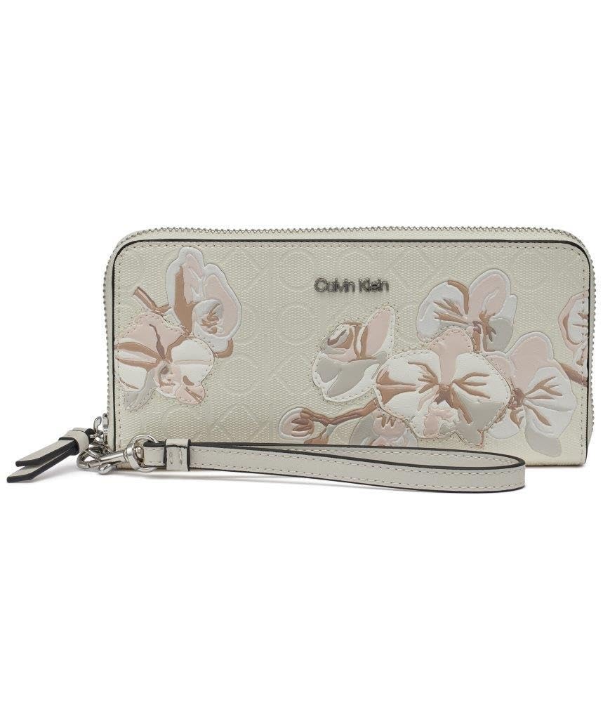 Calvin Klein Key Item Saffiano Continental Zip Around Wallet with Wristlet Strap, Cream Floral Emboss, One Size