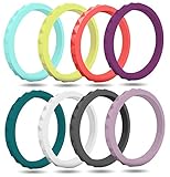 FluxActive Silicone Wedding Ring for Women (8 Pack) Thin Stackable Rubber Bands - Diamond Pattern (Yellow, Turquoise, Light Purple, Dark Purple, Coral, Teal, Light Gray, Dark Gray, 6)