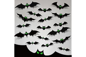 SPERINGEEN Bats Halloween Decorations Indoor, 110 Pcs Halloween Bats with Glow in The Dark Eyes, 3D Bats for Halloween Wall Decor, 5 Styles, 136 Pcs of Double-Sided Tape Included