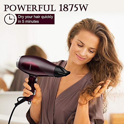 Ovonni Medium Hair Dryer with Diffuser, Pro 1875W Negative Ion Ceramic Tourmaline AC Motor Blow Dryer, 2 Speed/3 Heat Settings Medium Size Hair Dryers with Comb Attachment (Red)