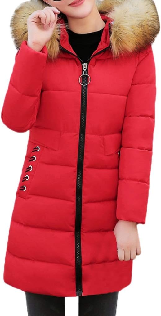 TUDUZ Women Quilted Winter Coat Warm Puffer Fur Collar Hooded Long Overcoat Thick Slim Parka Jacket Black Red Pink Coffee White Orange