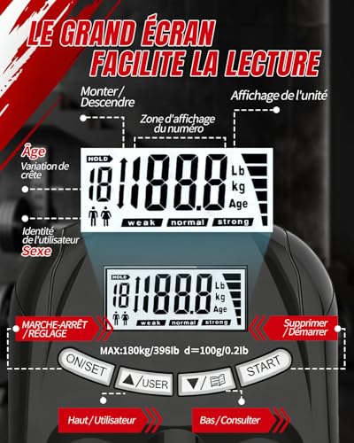 USB C Rechargeable Digital Hand Dynamometer, High Precision Grip Strength Tester 180kg, Intelligent LCD Display, 19 User Memory, for Sports, Rehabilitation and Health