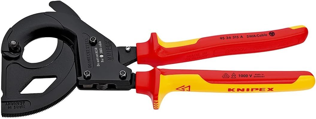 KNIPEX Cable Cutter (Ratchet Action) for Steel Wire Armoured Cables (SWA Cable) in Blister Black Lacquered Insulated with, 95 36 315 A