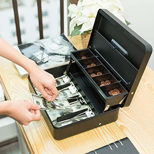 INFUN Cash Box with Money Tray and Lock, Durable Large Steel Money Boxes for Adults, Black Petty Cash Box (Cash Box with Coin lid)