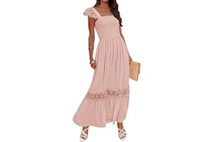 ZESICA Women's 2025 Summer Lace Strap Sleeveless Square Neck Smocked High Waist Ruffle Hollow Out Flowy A Line Maxi Dress