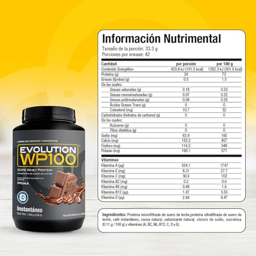 EVOLUTION, Proteína de Suero de Leche, WP100, Whey Protein, 18 Aminoácidos, Sin Gluten, Sugar Free, Post Workout, Sabor Moka, 43 Porciones, 1400g