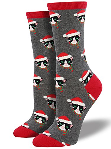 Socksmith Women's Santa Cats Crew Socks, Heather Grey, Medium