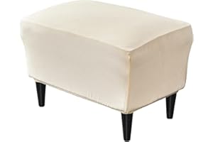 PENDEJATO Stretch Ottoman Covers, Velvet Ottoman Slipcover Rectangle Storage Stool Cover Footstool Slipcover for Living Room Furniture Protector (Off-White)