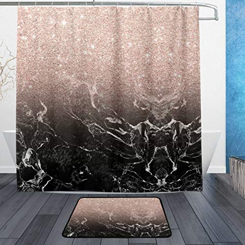 Black Marble Gold Rose Shower Curtain and Floor Mat Combination Set, Bathroom Accessories Collection for Decoration and Daily Use