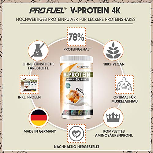 Vegan-Proteinpulver--V-PROTEIN-4K-Blend-Unglaublich-lecker-cremig-750g-Aus-Sonnenblumen-Soja-Hanfsamen-Kuerbiskernen-Pflanzliches-Eiweisspulver-mit-78-Eiweiss-KARAMELL