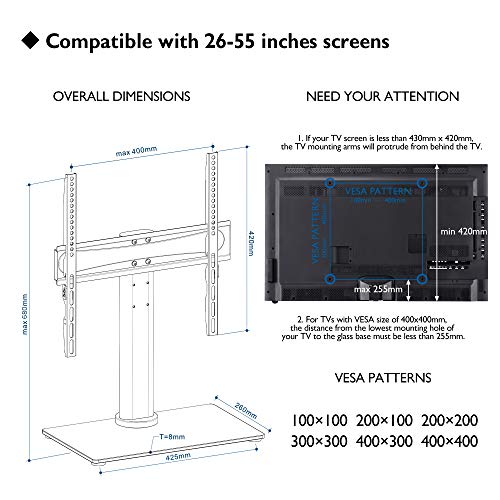 1home Table Top Pedestal TV Stand with Bracket for 26-55" LED LCD Screens Swivel & Height Adjustment - 8mm Tempered Glass Base with Anti-Slip Feet - Max VESA 400x400mm - Thumbnail 4