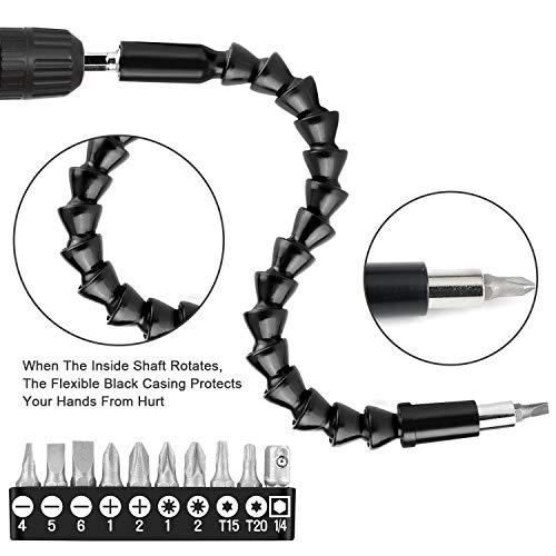 Apsung Flexible Drill Bit Extension Set, Magnetic Bendable Hex Head Shaft, Screwdriver Extension Holder for Power Drill Connect Tip Adaptor with 10 Pcs Screwdriver Bit, 1/4" Socket Screw Driver