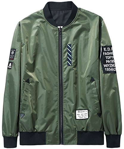 HENGAO Men's Casual Reversible Patches Varsity Bomber Jacket Coat Outwear, Military Green, XL/48R = Tag 5XL - Thumbnail 2