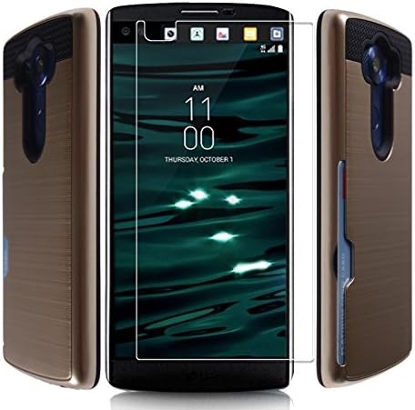 [Heavy Duty][ Drop Protection] Dual Layer Armor [1 Card Slot] Full Body Protective Hybrid Wallet Case Card Slots cover for LG V10 (Gold)